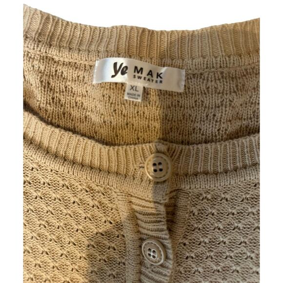YEMAK Beige Women's Knit Boho Pointelle Button-Down Cardigan Band Hem X Large - Picture 3 of 6